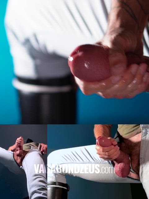 Close-up grip on a thick cock through slick self-play, building to a big load in taut white pants and boots thumbnail