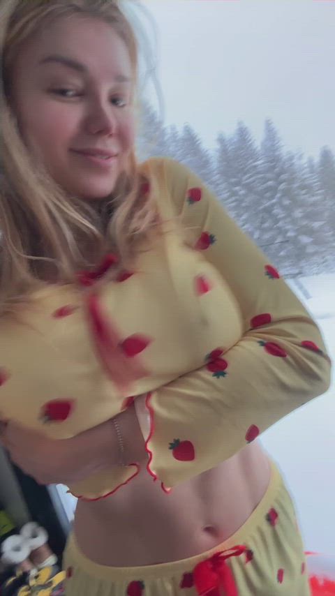 Titty drop and snow outside the window