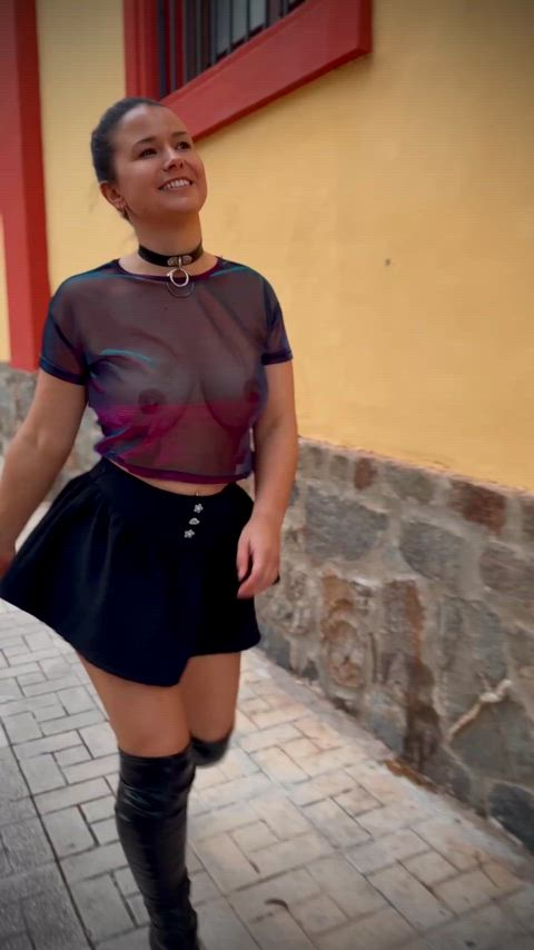 Sheer purple top & no bra. Would you stop and say hi?