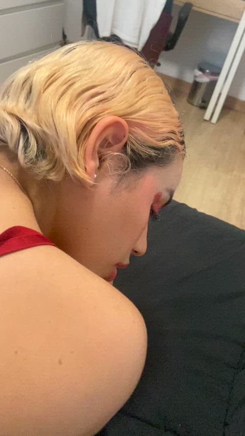 Short hair and red lingerie is the best combination