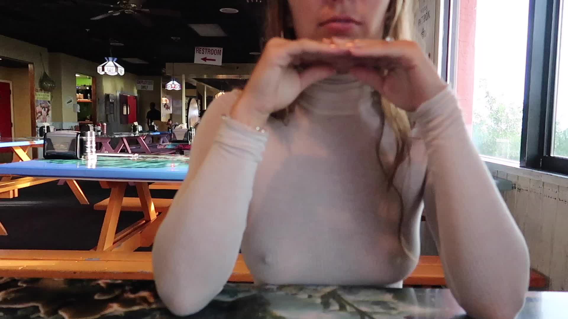Shaking my boobs in the restaurant