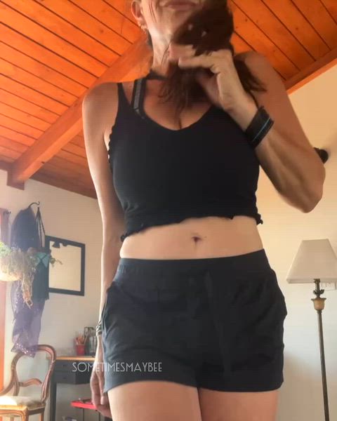 Post workout and slightly sweaty but in a cute way; huge boobs