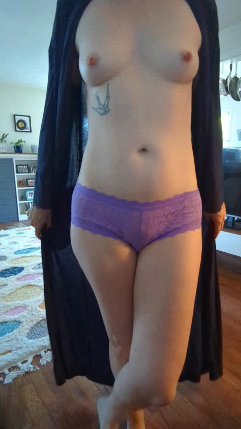 Purple panties mound reveal.
