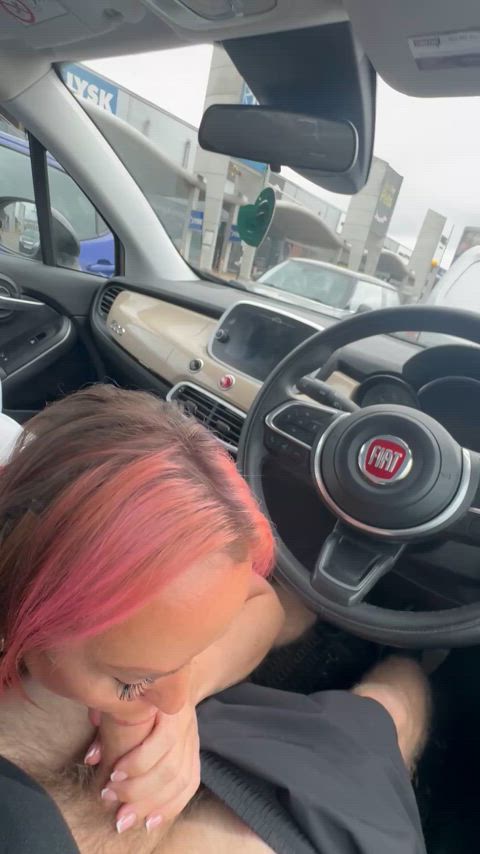 You can see the people walking around the car in the mirror but that didn’t stop me and just got me more horny