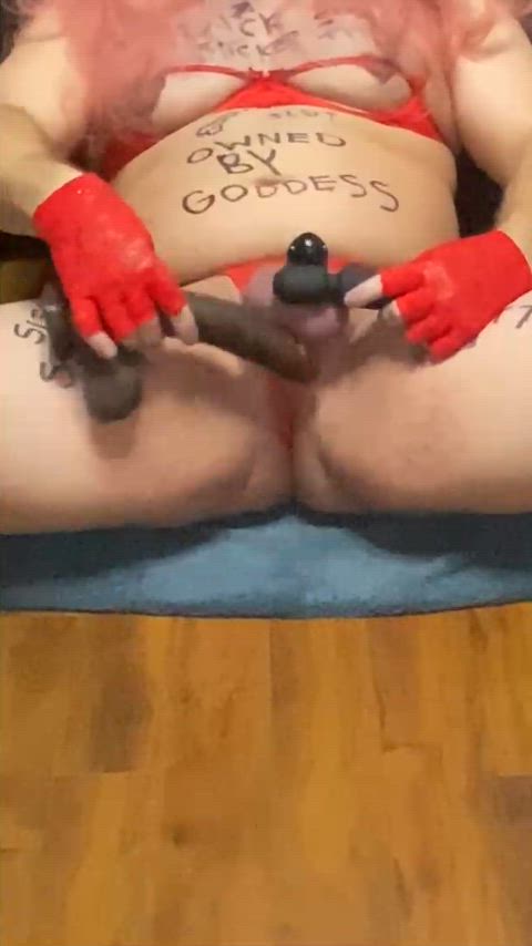 Sissygasm In Red With Wand VIbrator And Big Dildo Plapping Covered In Body Writing