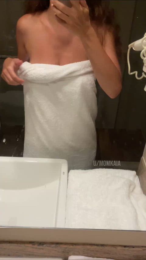 The mirror needs a wipe and these boobs need a squeeze