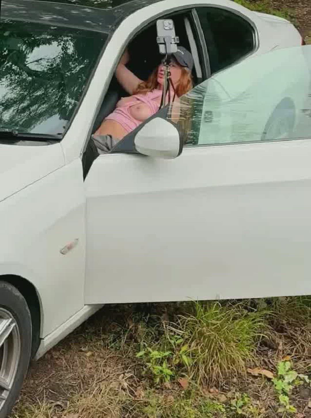 I'm totally turned on, my tits are exposed and I'm feeling super sexy, in my car