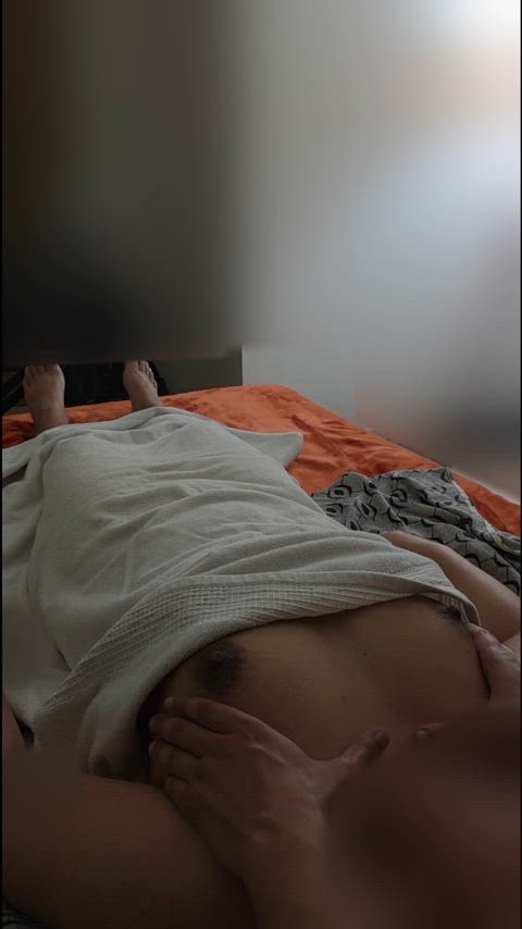 My hands working their magic on her soft tits