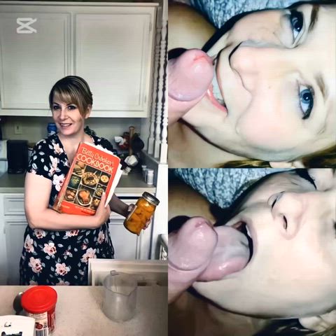 Betty Crocker wife licks up the cum