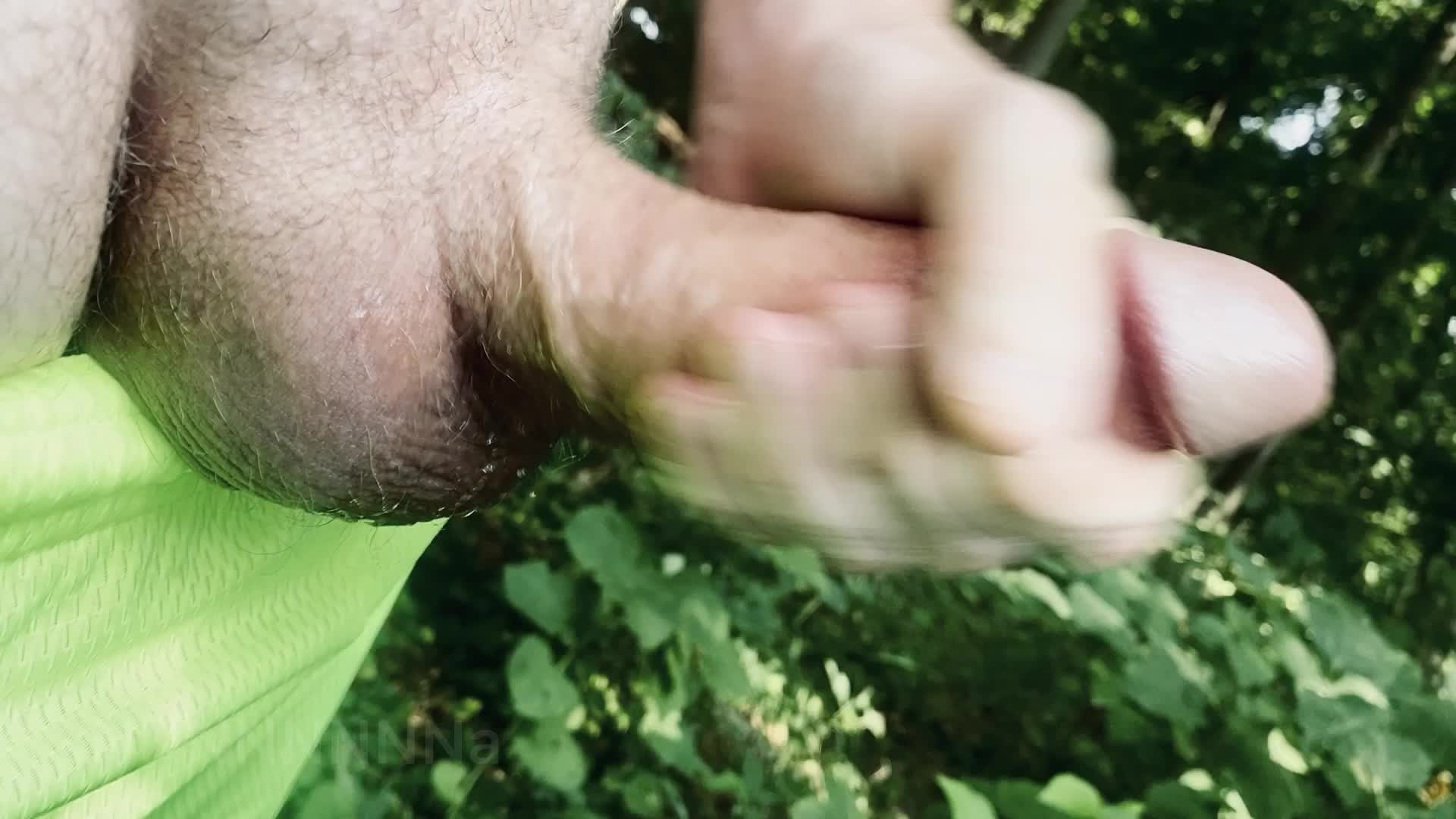 A lubed up stroke n cum in the woods