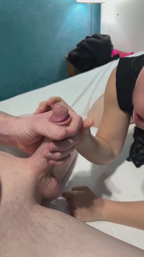 My hand and mouth make him moan