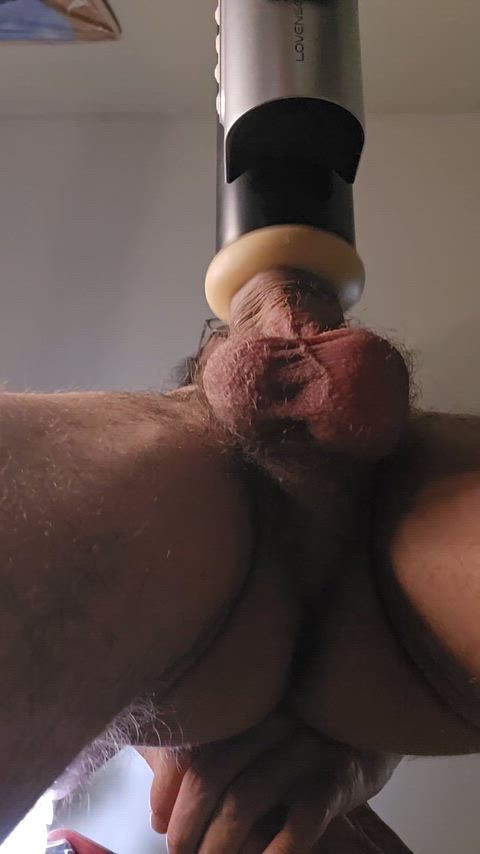Another angle of my stroking machine milking my cock