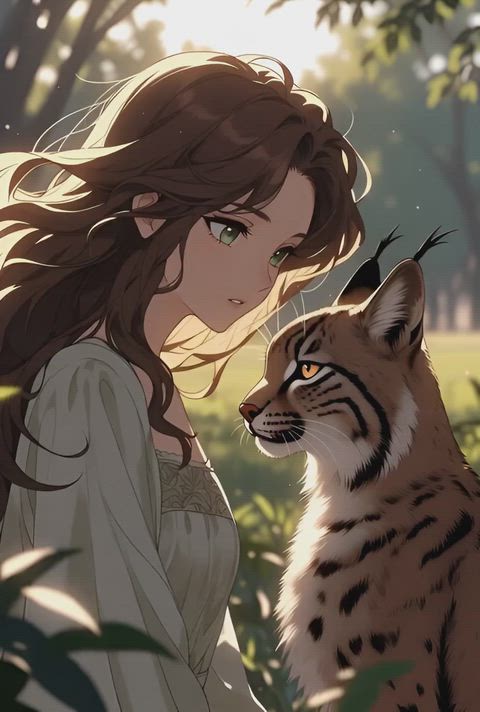 A woman and her lynx (anime-style)