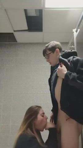 She Makes Him Cum in Public Bathroom