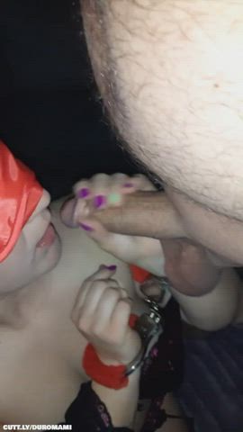 Amateur BDSM Blowjob Cuckold Girlfriend Handcuffed MFM Sharing Threesome Porn GIF by duromami