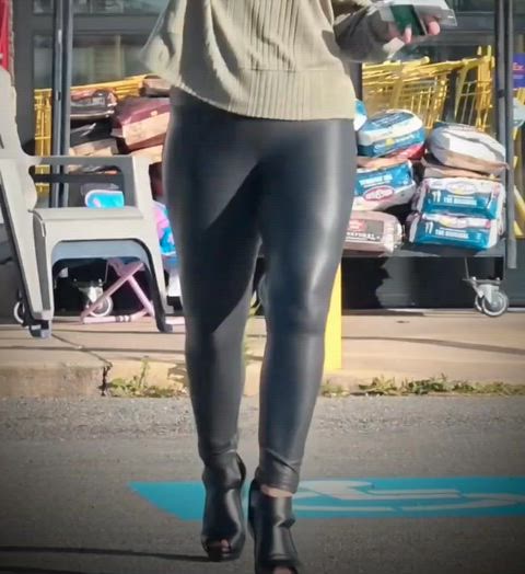Crushing on my wife in her leather leggings and sexy heels.