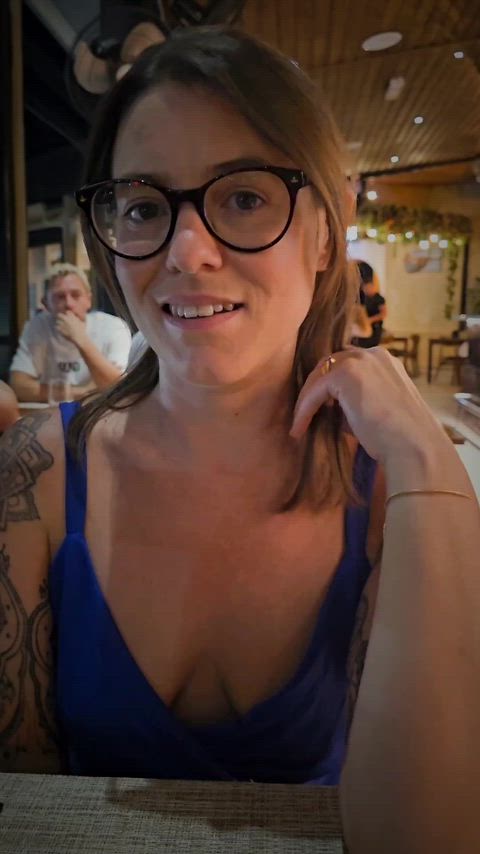 Out for dinner and showing off my hairy pussy with no undies on