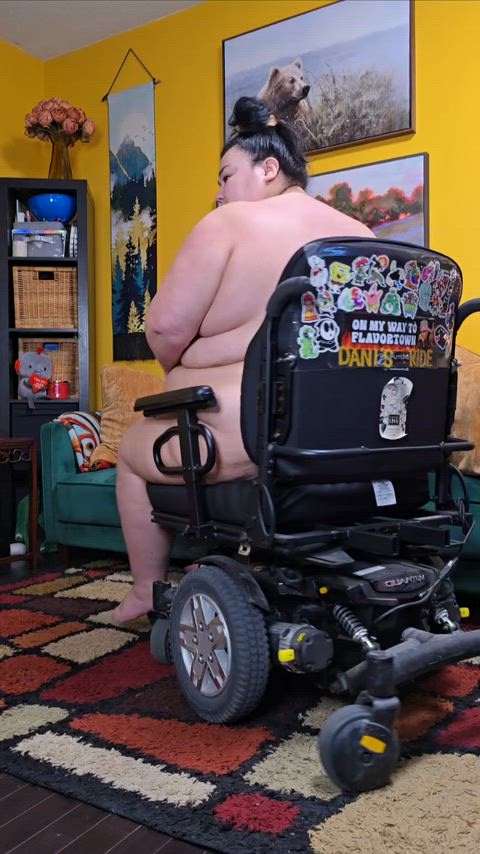 Imagine getting so huge you need a wheelchair and then proudly driving it around town naked. I am a real life circus show every day. I leave my house for events with only a thong on. Ass spread out on my huge chair that's already getting small for me. If you had wheels your face could be my chair.
