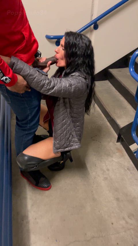 Cute brunette hotwife sucking her BBC after dinner