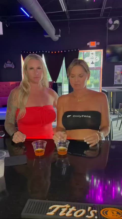 He said he’d give us free shots if we showed him our tits. Easy.