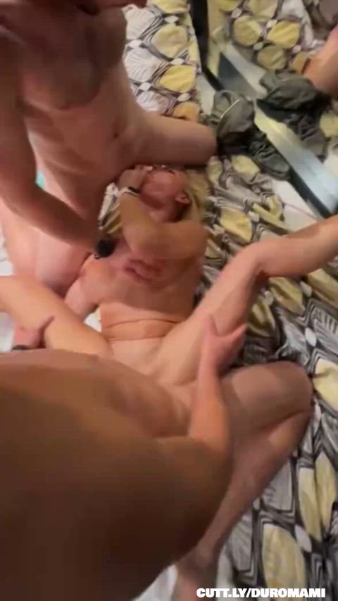 Amateur Blonde Cuckold Hotwife Legs Up Slut Spitroast Threesome Porn GIF by duromami