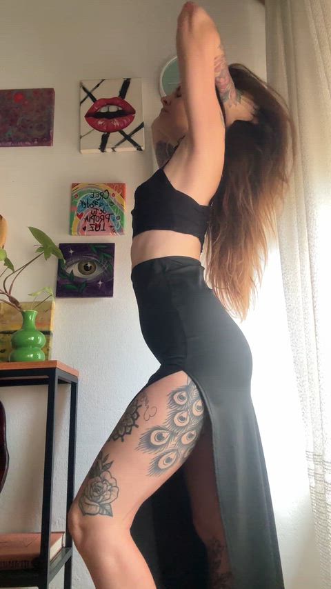Amateur Babe Brunette Latina Long Legs Solo Tattoo Tease Porn GIF by fuegoytinta