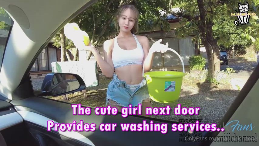 Cute girl next door provides car washing services.