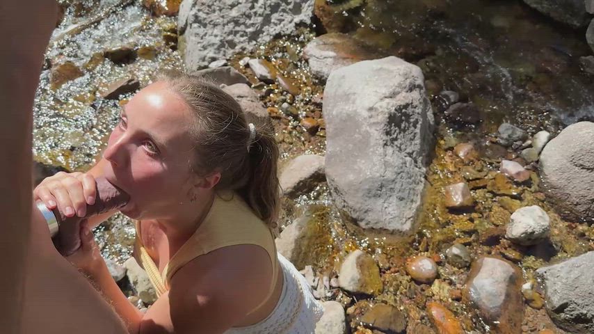 Hubby records his POV of our break on a hike where I blow our friend next to the stream while hubby stays in his little chastity.