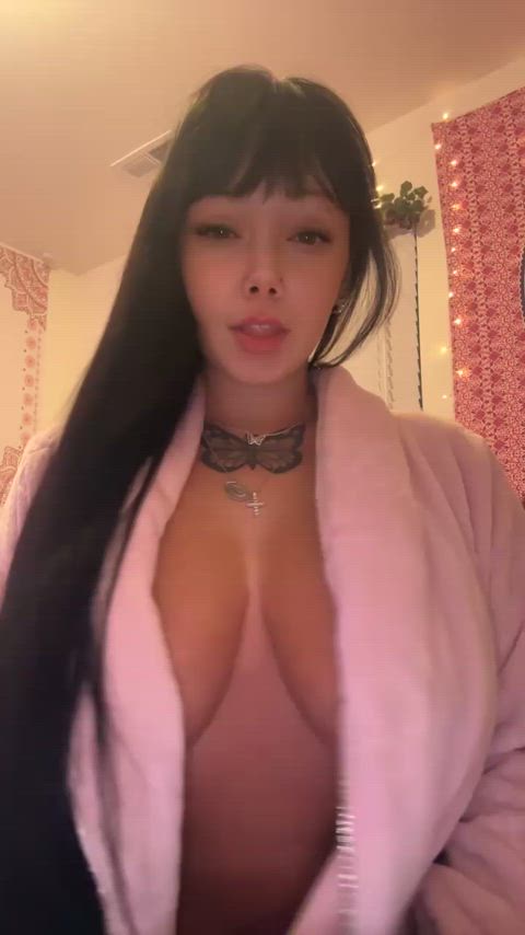 Opening my robe to reveal my natural DD cup tits