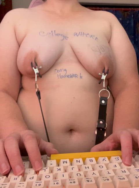 Torturing my tits while I do my homework