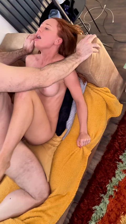 I invited my older bull over and let him fuck me on the sofa, usually ending with a creampie but this time I asked him to cum in my mouth so I could kiss my boyfriend after. My BF came almost immediately after this