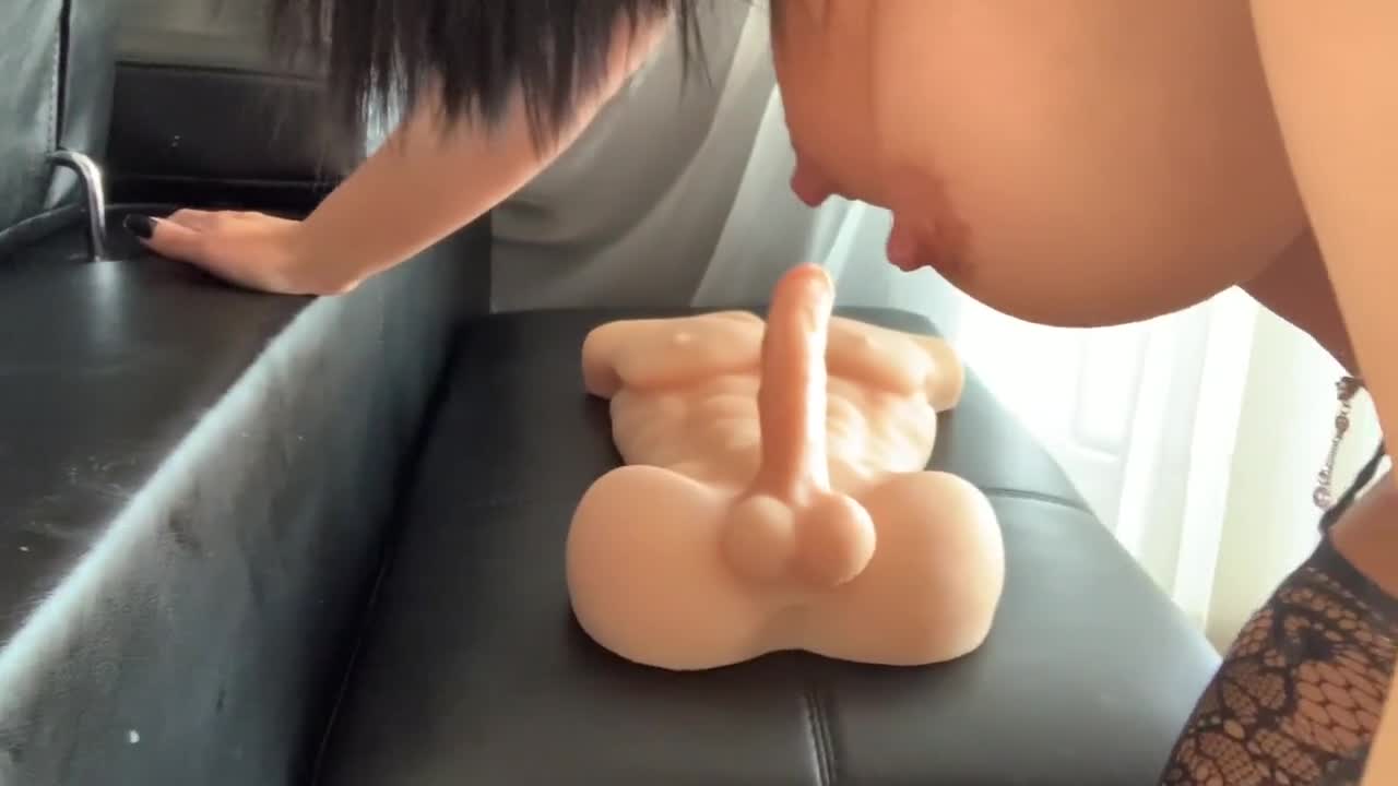 School teacher sucks and fucks her huge cock male doll