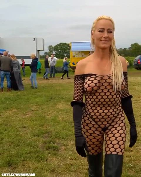Amateur Catsuit Exhibitionist Festival Fishnet German Mature Public Porn GIF by duromami