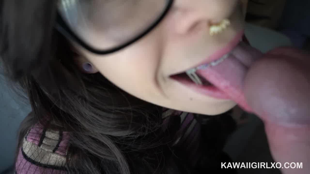 Metal mouth teen gives head, gets a load on her tongue
