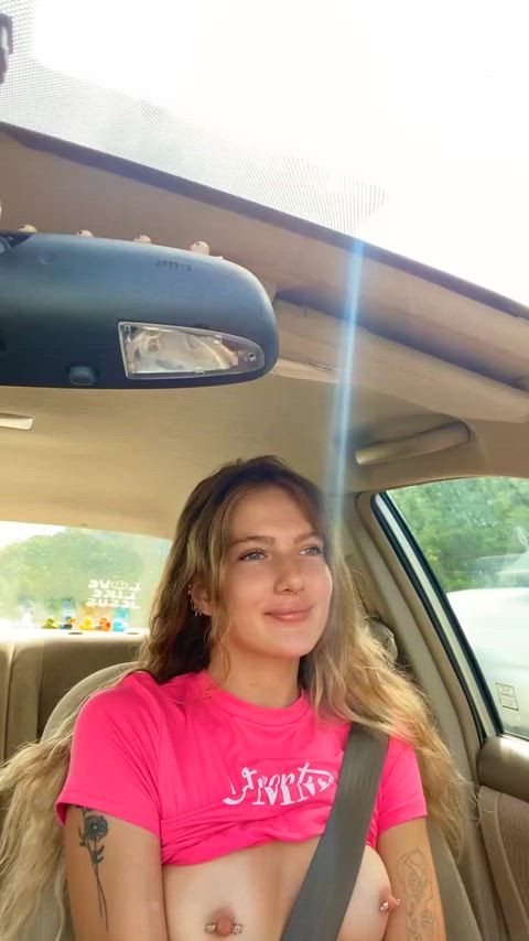 dared to keep my tits out while driving (f) being in my fishbowl car with my tits out is my favorite! :) i hope someone gets a peek