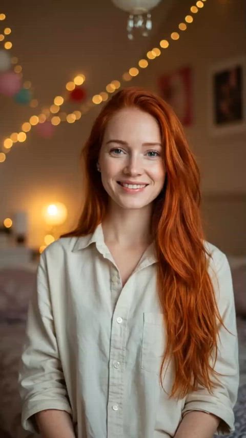 A redheaded woman wearing a button-down shirt