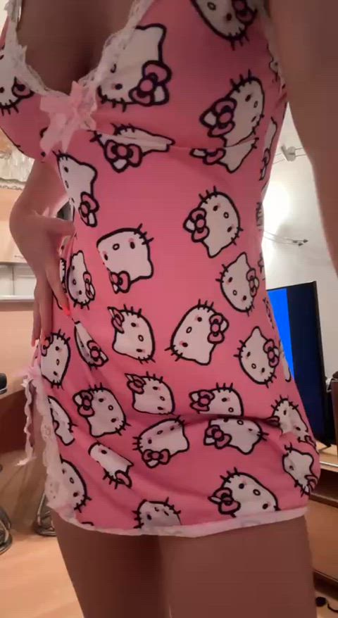 Shy college girl but this time Hello Kitty pajamas