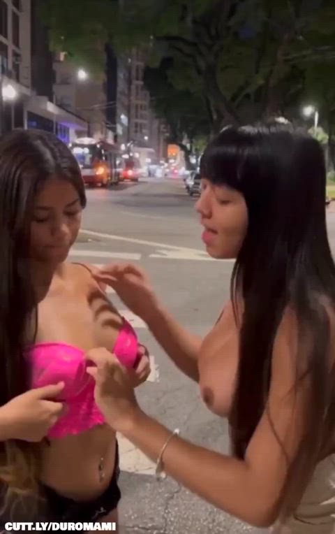 Amateur Exhibitionist Flashing Lesbian Lesbians Public Sucking Tits Topless Trashy Boners Porn GIF by duromami
