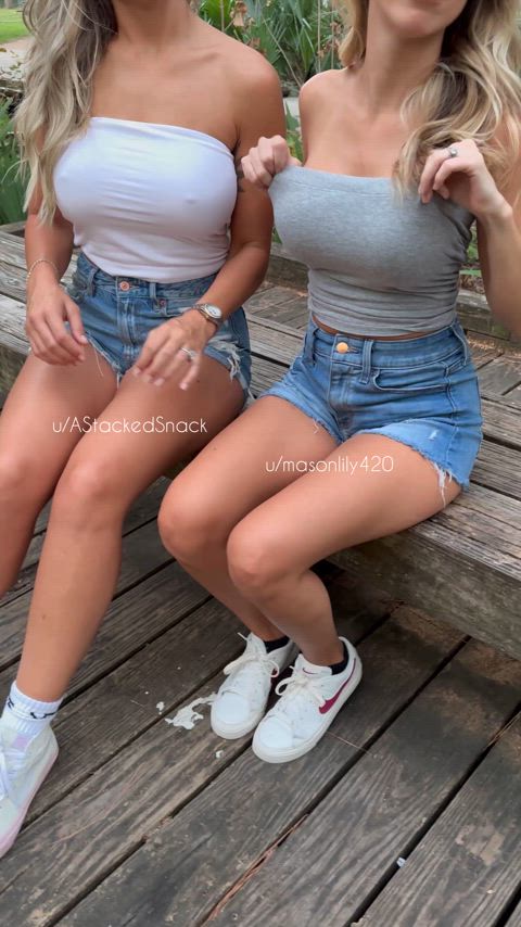 Just 2 blondes flashing their perfect boobs