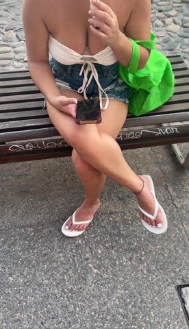 Hitting my vape out in public showing off my toes. Oh wait did I forget to mention it not wearing a bra? thumbnail