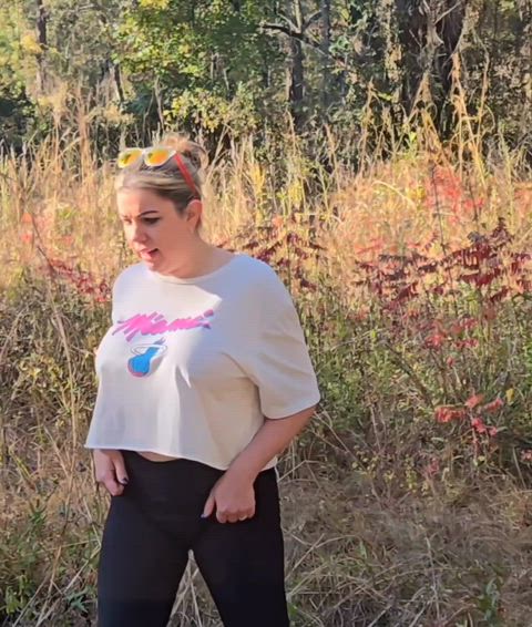 Busty milf braless bouncing in forest