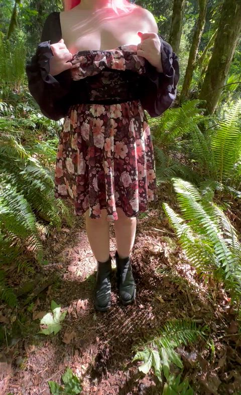 Are you brave enough to suck my little tits outdoors? thumbnail
