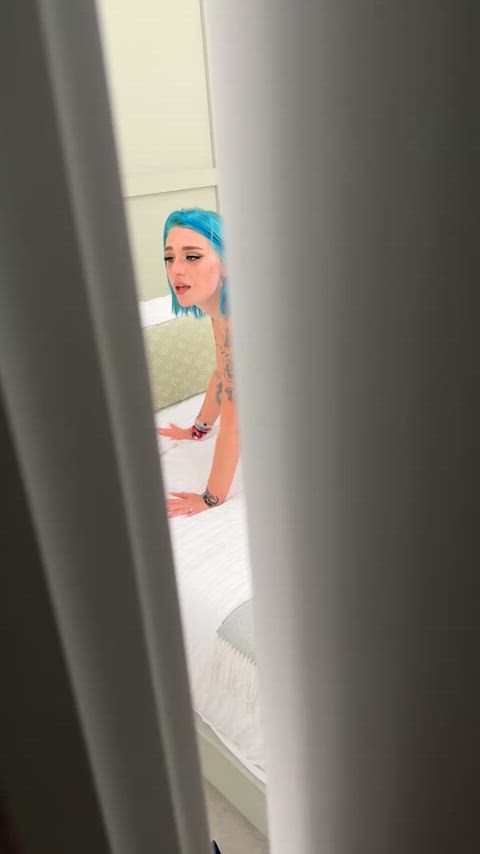 You hear sounds coming from the bedroom and peek in to see this: