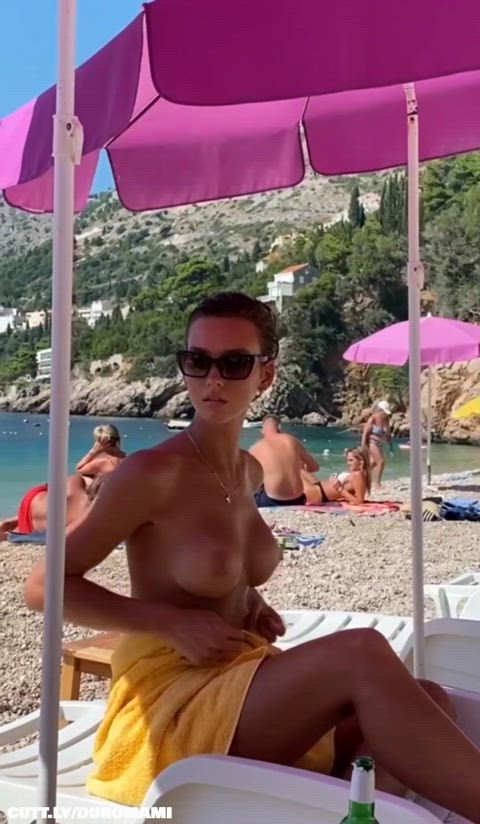 Beach Beautiful Exhibitionist Flashing Model Pretty Public Short Hair Topless Porn GIF by duromami