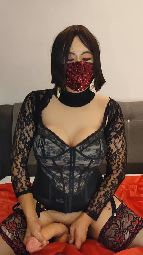 Jacking off my clitty and an 11-inch dildo side-by-side while riding a 10-incher