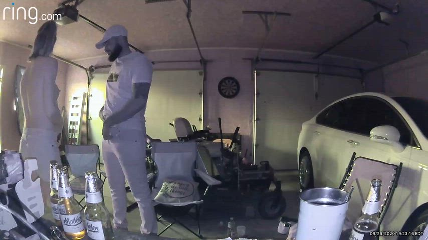 Taking the delivery driver to the garage to have some fun while the family eats pizza.