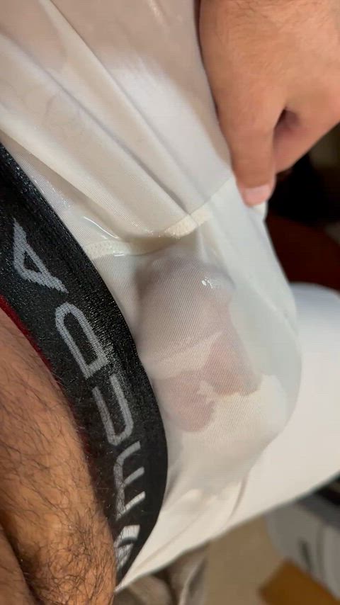 Hairy wet pulsing compression shorts piss