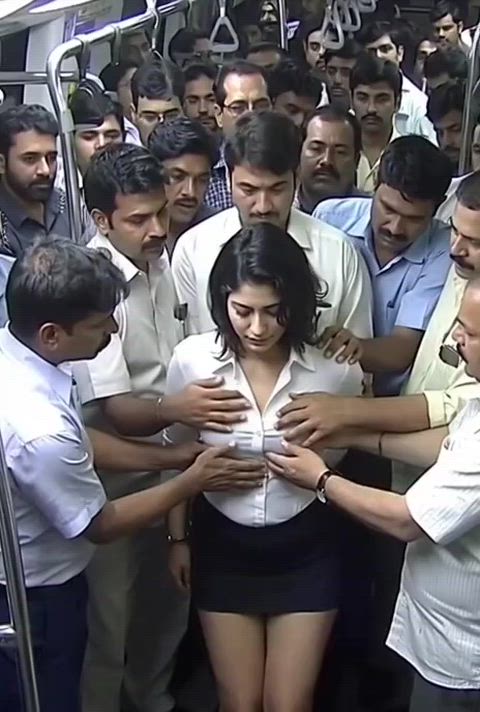 Corporate girl gets stripped and groped on her way back home from work, in the late night packed metro full of horny men.