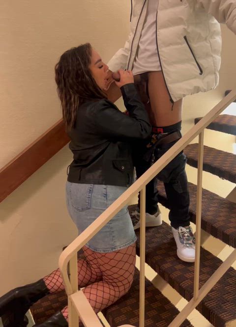 Sucking a BBC real quick in a stair well before someone caught us