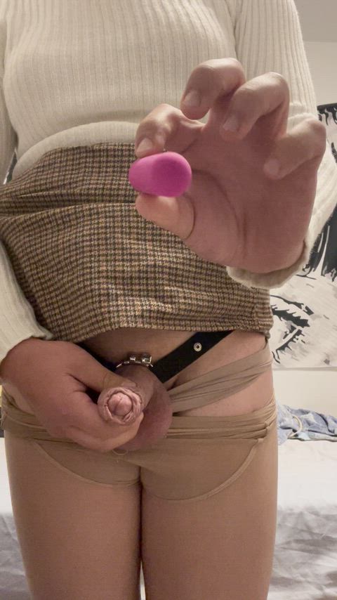 Some of you asked me how did I fit a vibrator in my cage, here you can see how i place it. Pulling my panties and my pantyhose up and try to ignore this feeling makes me more horny, it's an unevitable orgasm when you least expect it